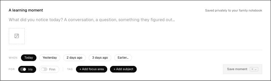 The parent log composer, showing a free-text entry tagged to a focus area